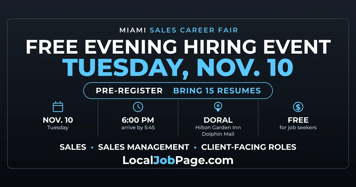 Miami Sales Career Fair Nov. 10: Free Evening Hiring Event Near Dolphin Mall in Doral